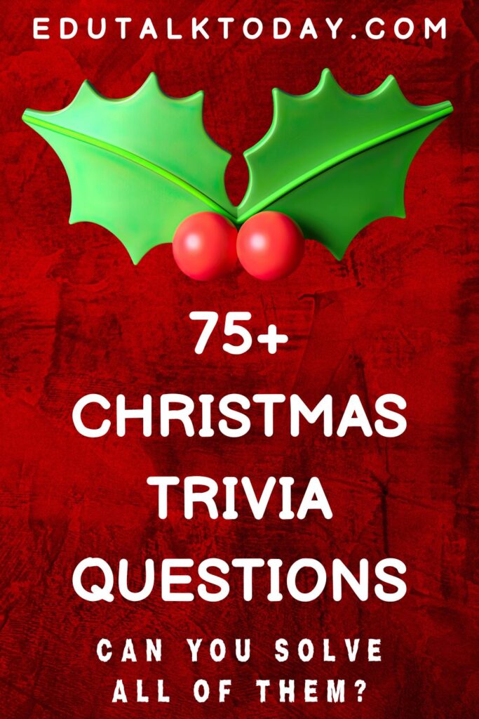 red background image with text - 75+ christmas trivia questions