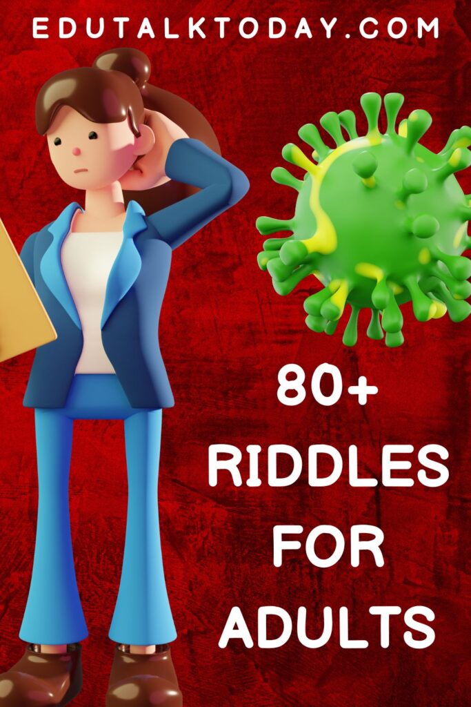 red background image with text - 80+ riddles for adults