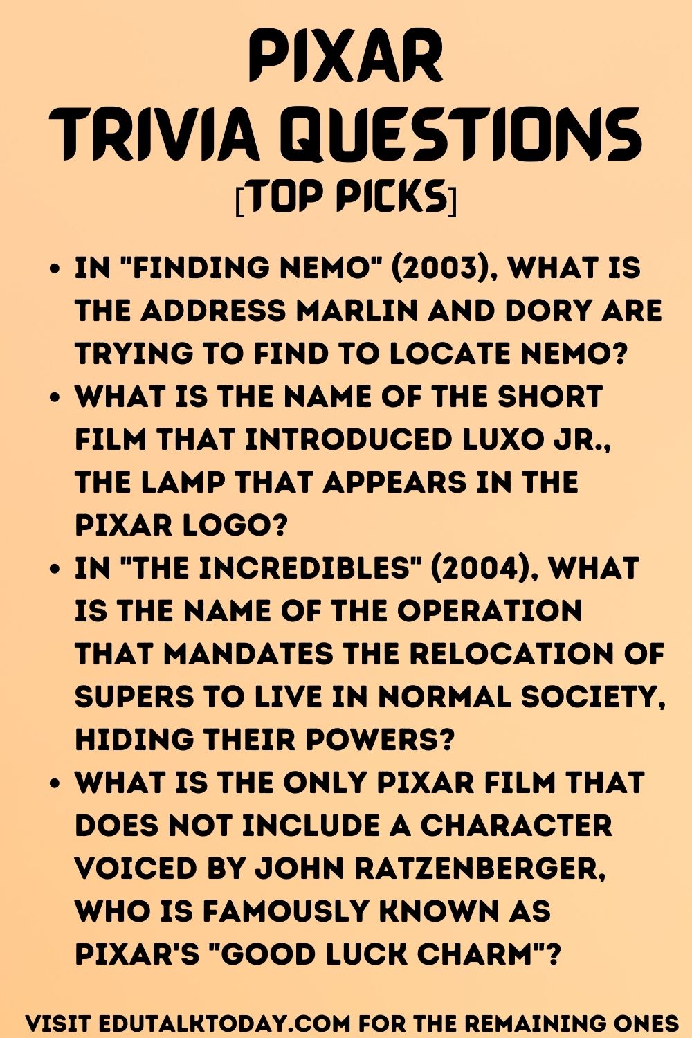 Pixar Trivia Questions