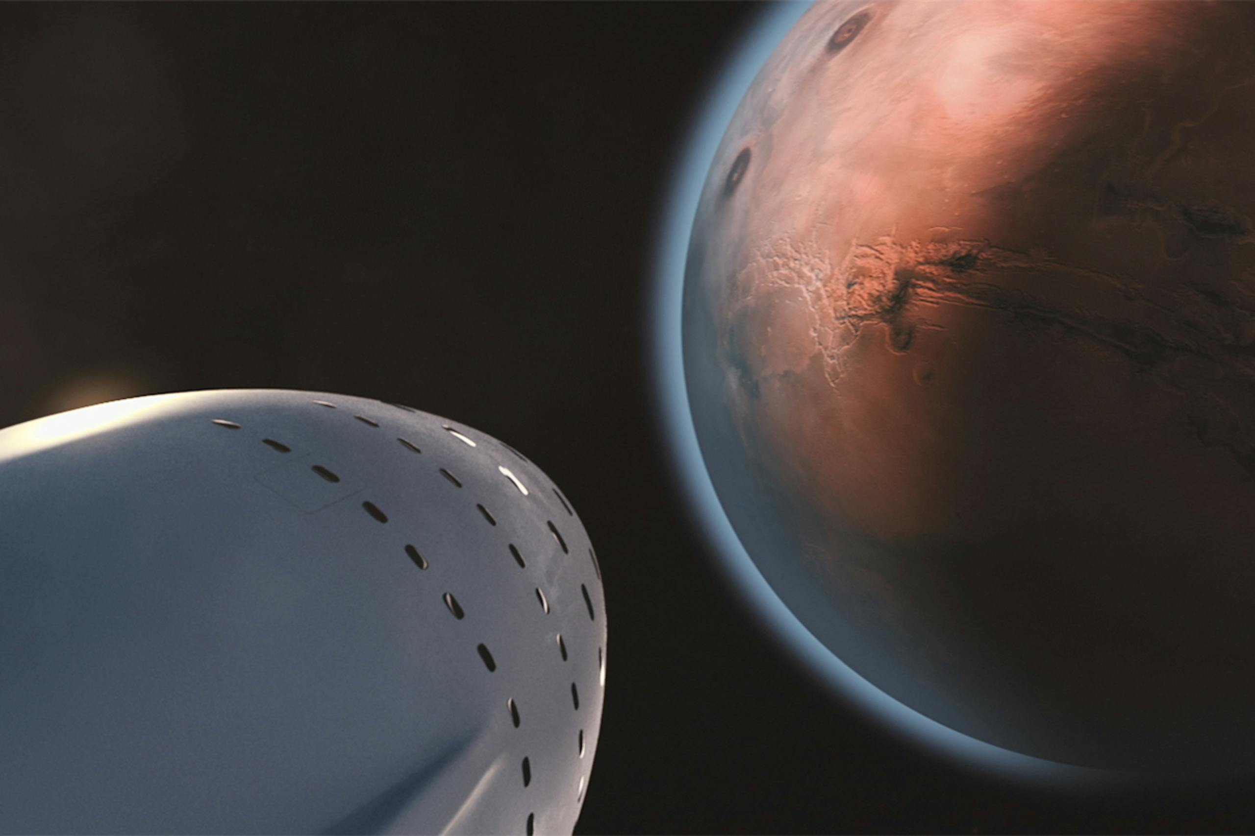 Astronomers Trace the Brightest Cosmic Radio Flash to a Distant Galaxy A detailed view of a spaceship approaching Mars, highlighting interplanetary exploration.