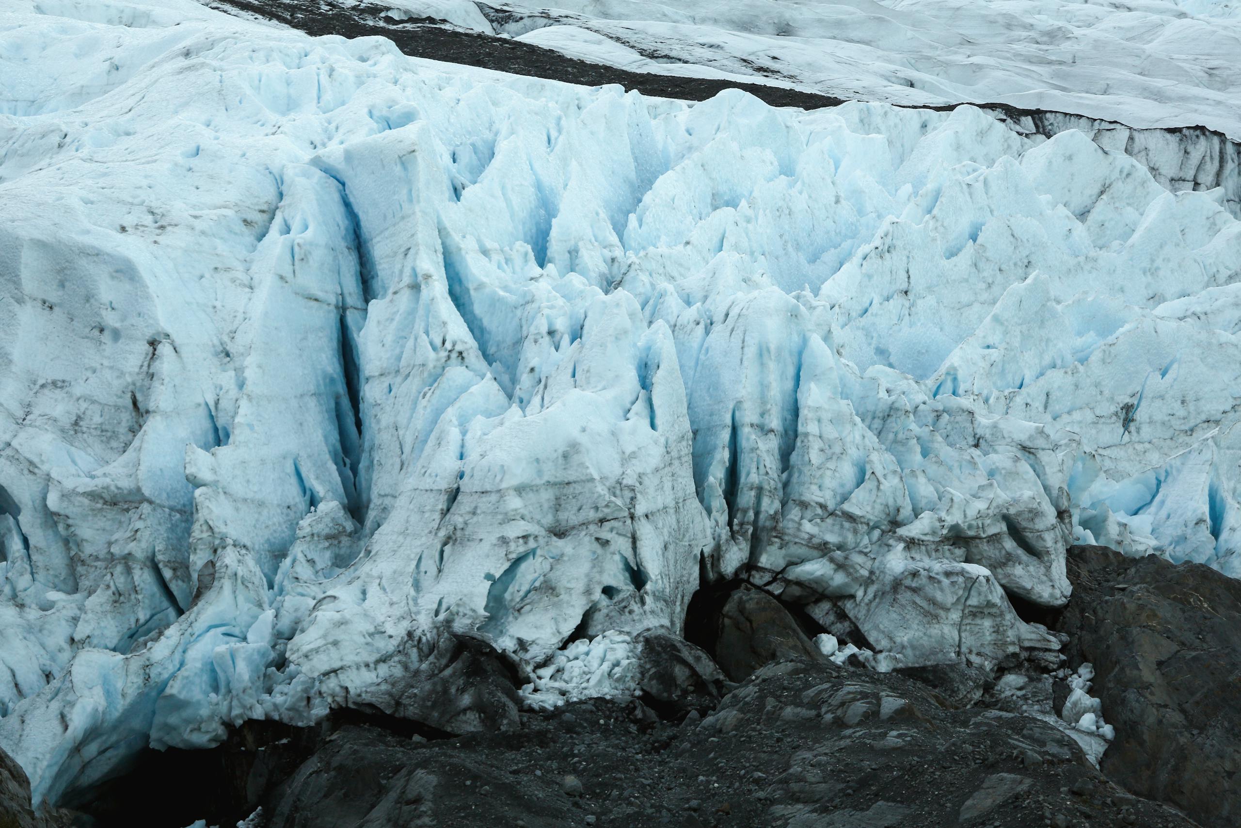Spectacular view of towering ice formations and glacial landscape showcasing nature's power.