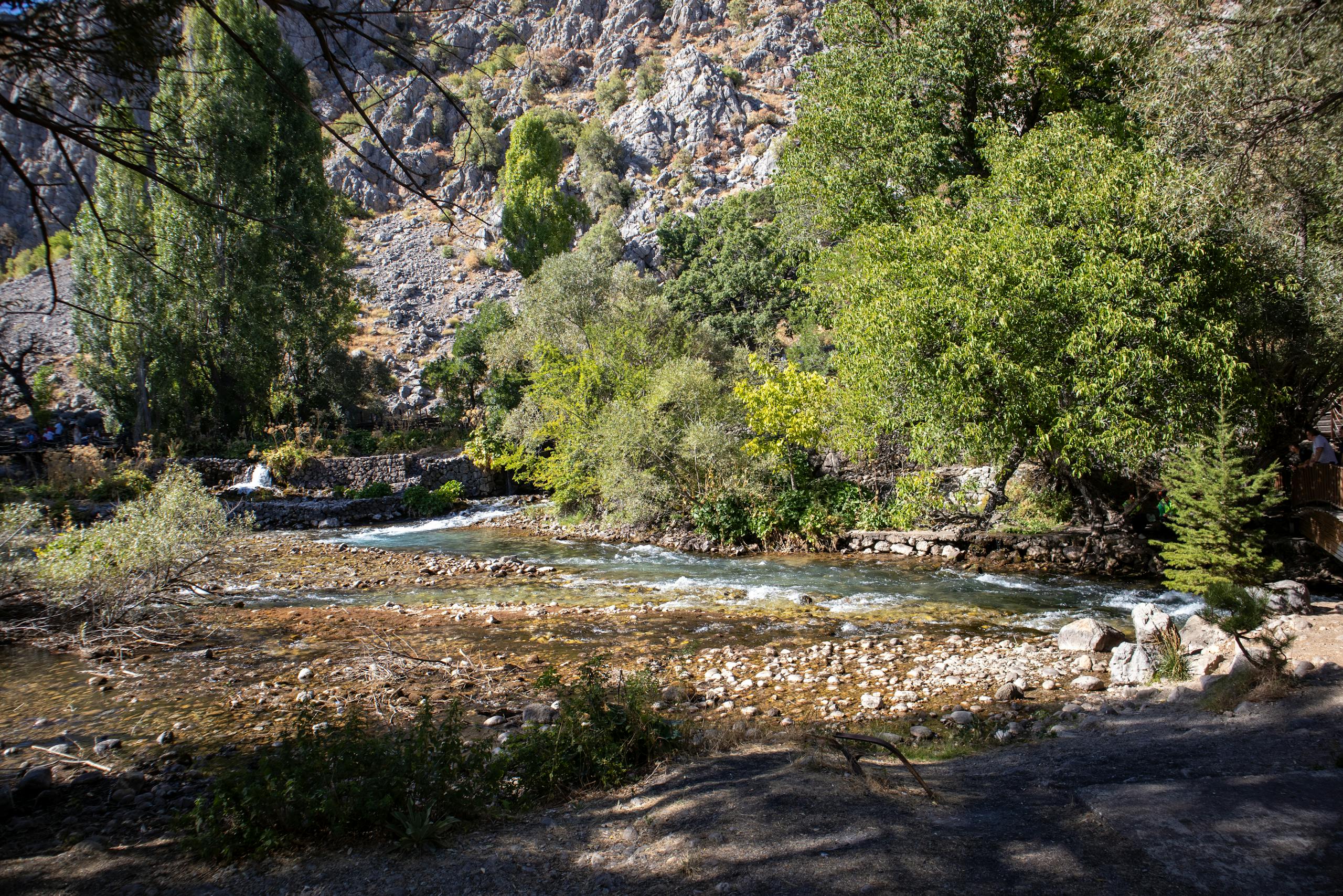 Tranquil river view in Tunceli, Türkiye, surrounded by lush greenery and rocky terrain.
