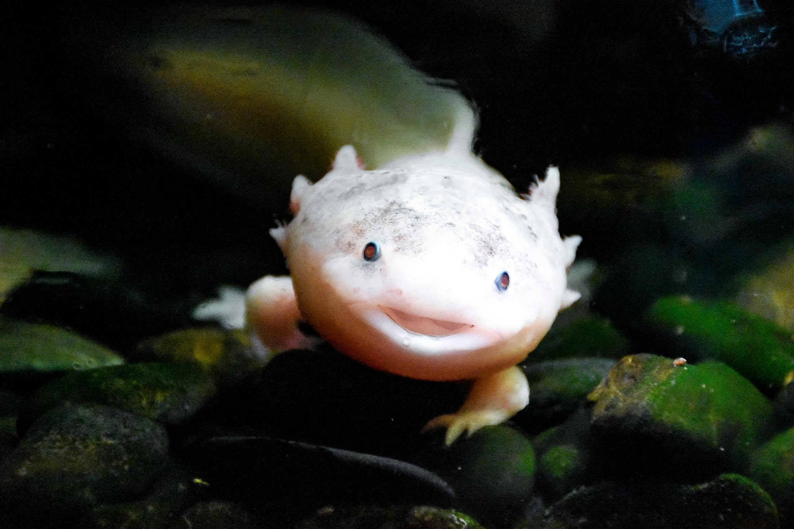 Charming axolotl smiling underwater, showcasing its unique features in a natural setting.
