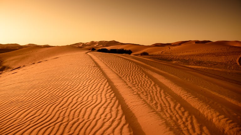 New AI Technique Calculates the Force Acting on Every Grain of Sand in a Dune Serene desert landscape with golden sand dunes at sunset, perfect for travel and nature themes.