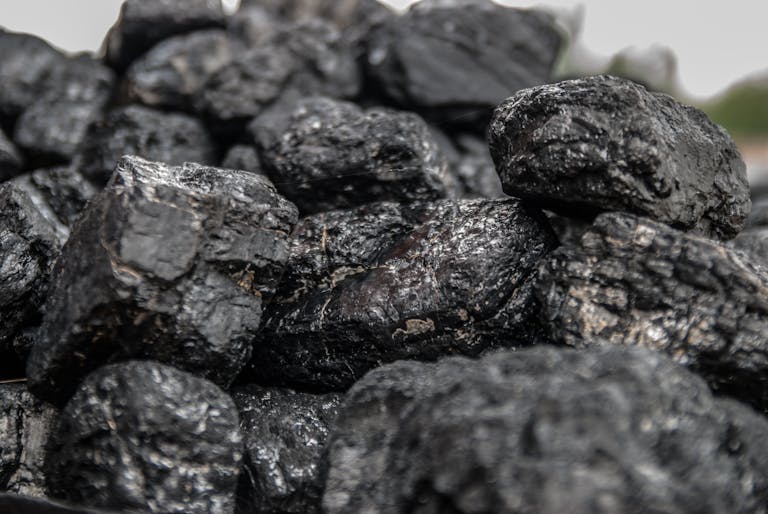 Detailed image of dark, textured coal pieces in a close-up view, highlighting their rugged surface.