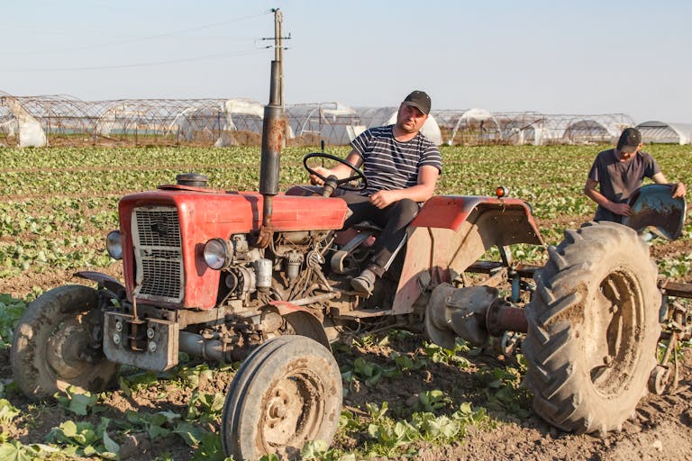 A farmer operates a red tractor in a lush green agricultural field under clear blue skies.