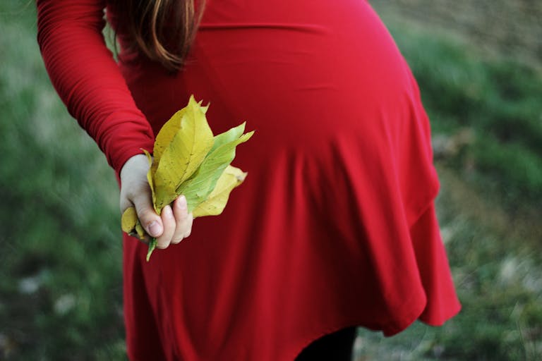 A pregnant woman in a red dress holding yellow leaves outdoors, symbolizing autumn and maternity.