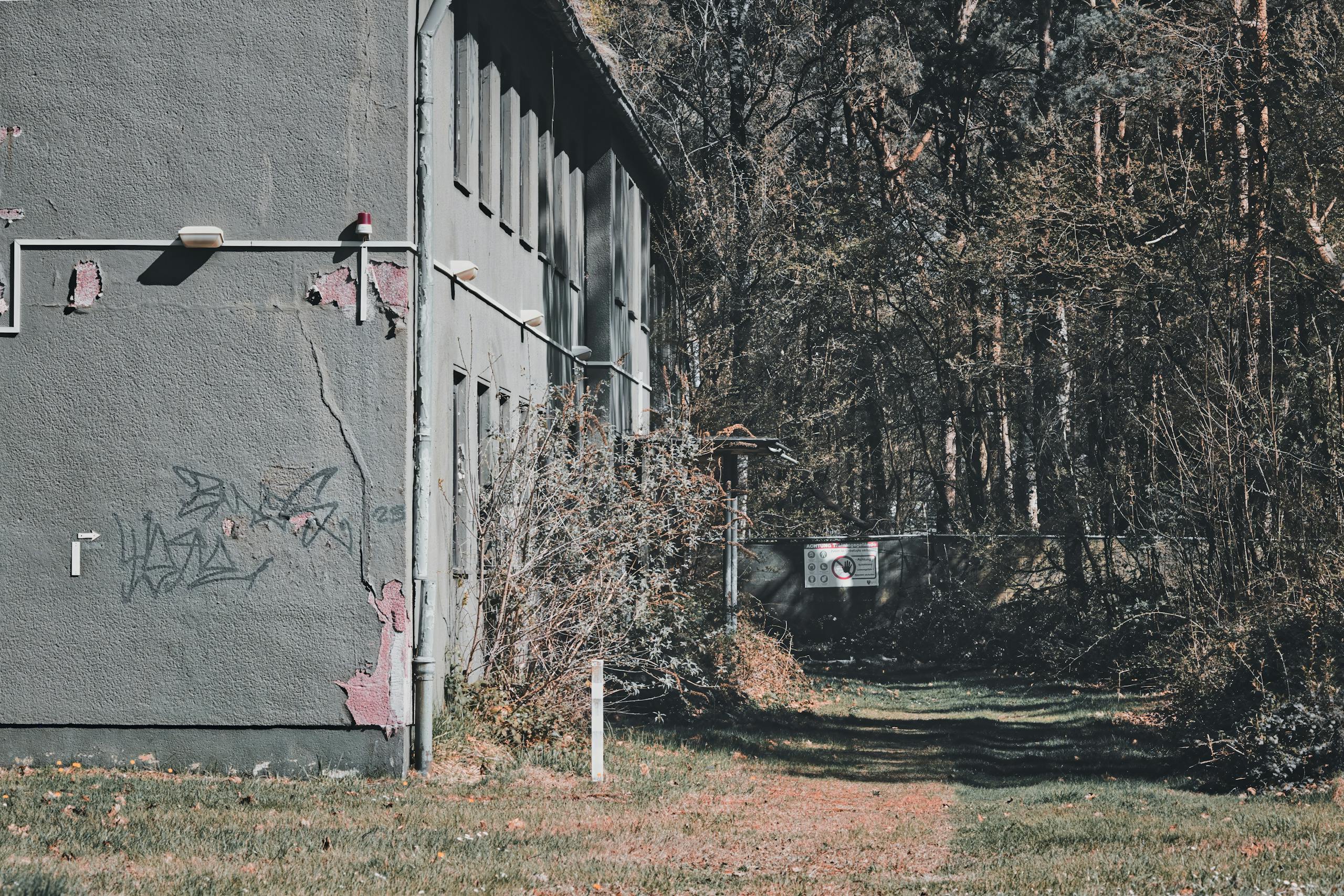 An old, abandoned military building with graffiti surrounded by dense forest.