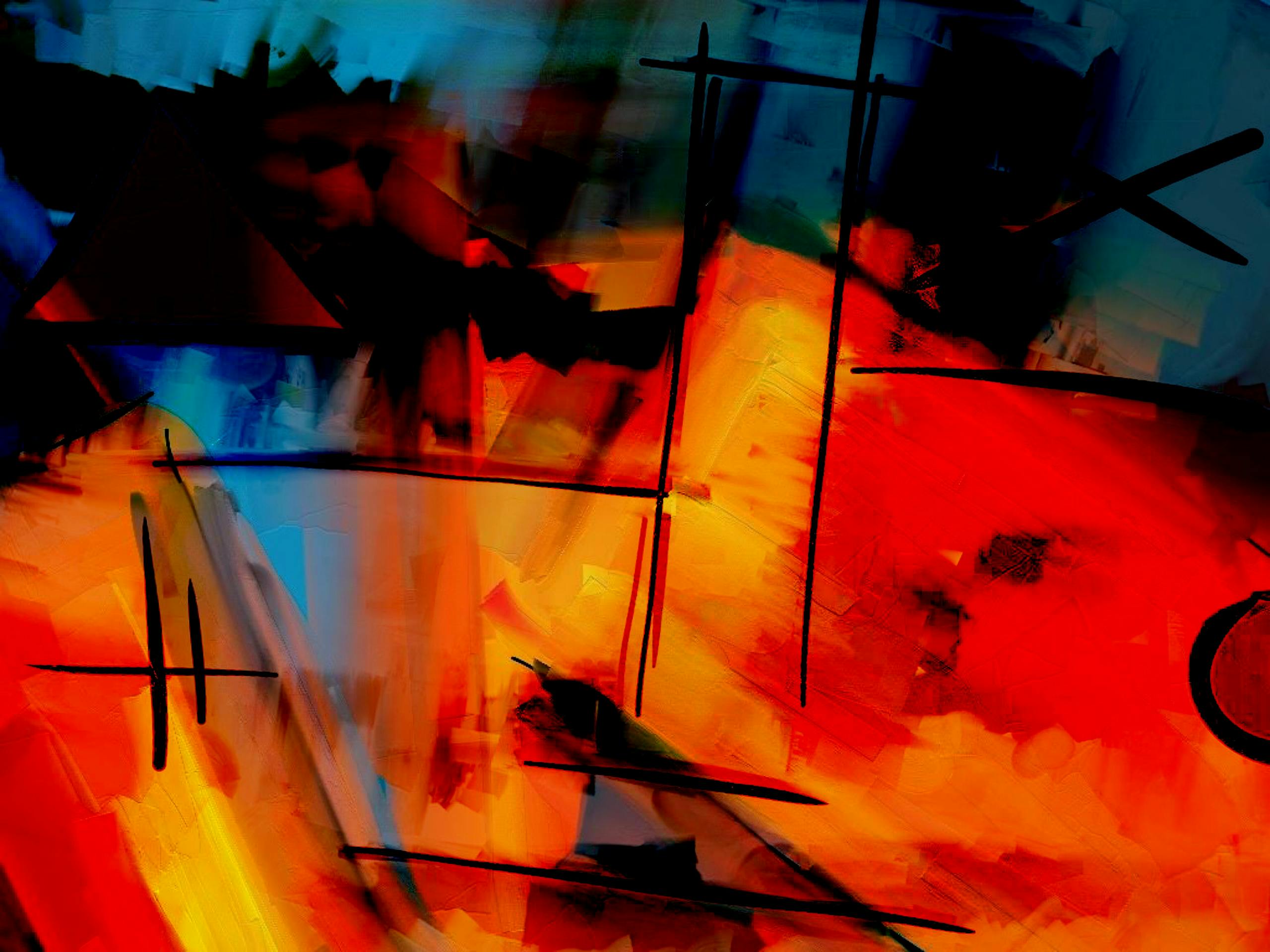 A colorful abstract painting with bold strokes and dynamic shapes.