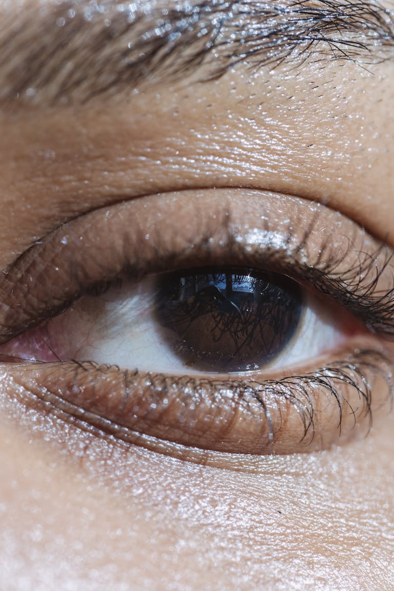 Detailed close-up of a brown eye showing eyelashes, iris, and skin texture.