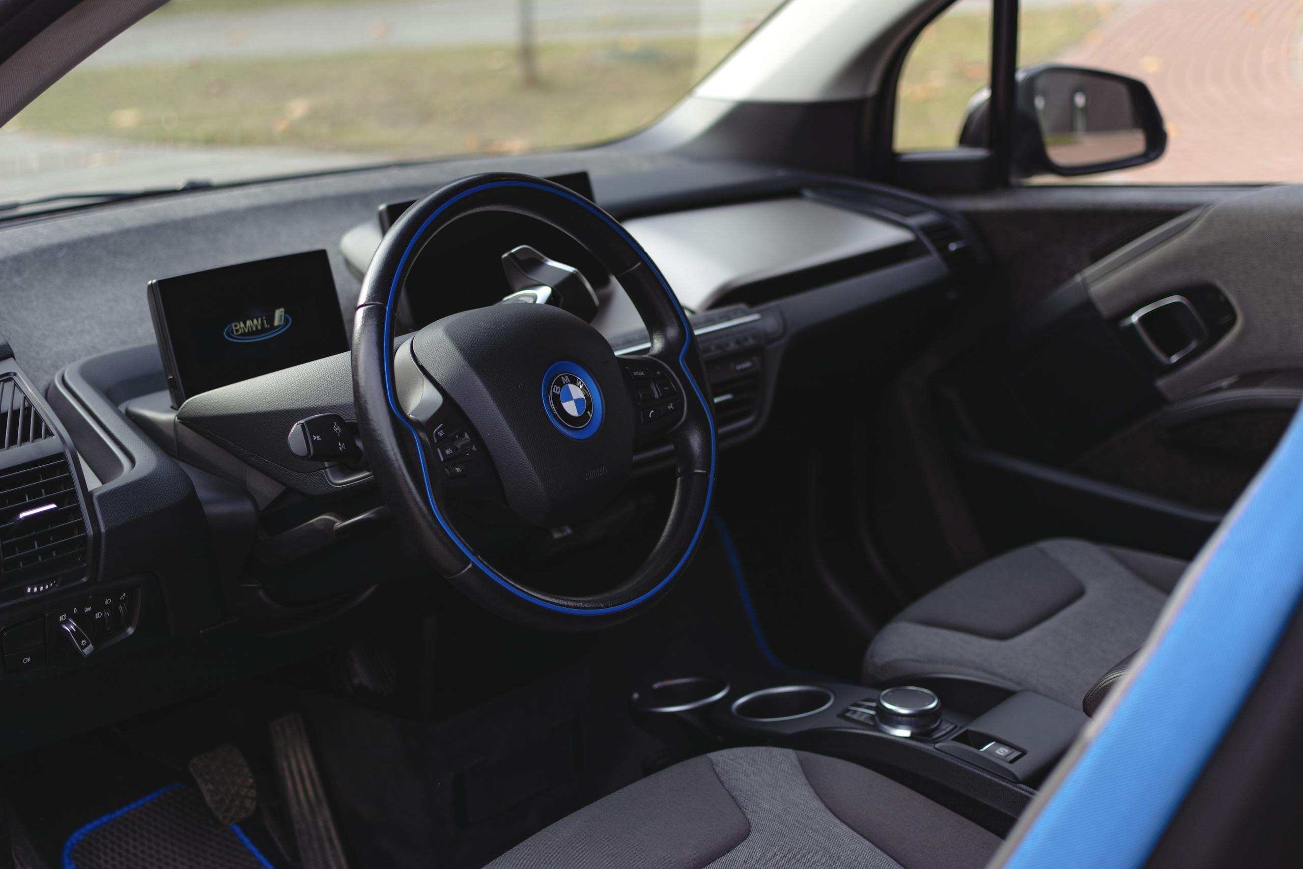 Detailed view of BMW i3 interior showcasing luxury features in a sleek design.