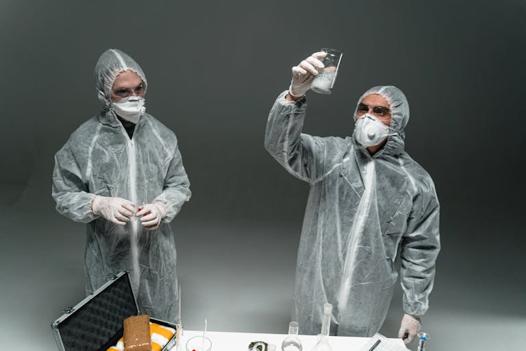 Two scientists in PPE conducting an experiment indoors with lab equipment.