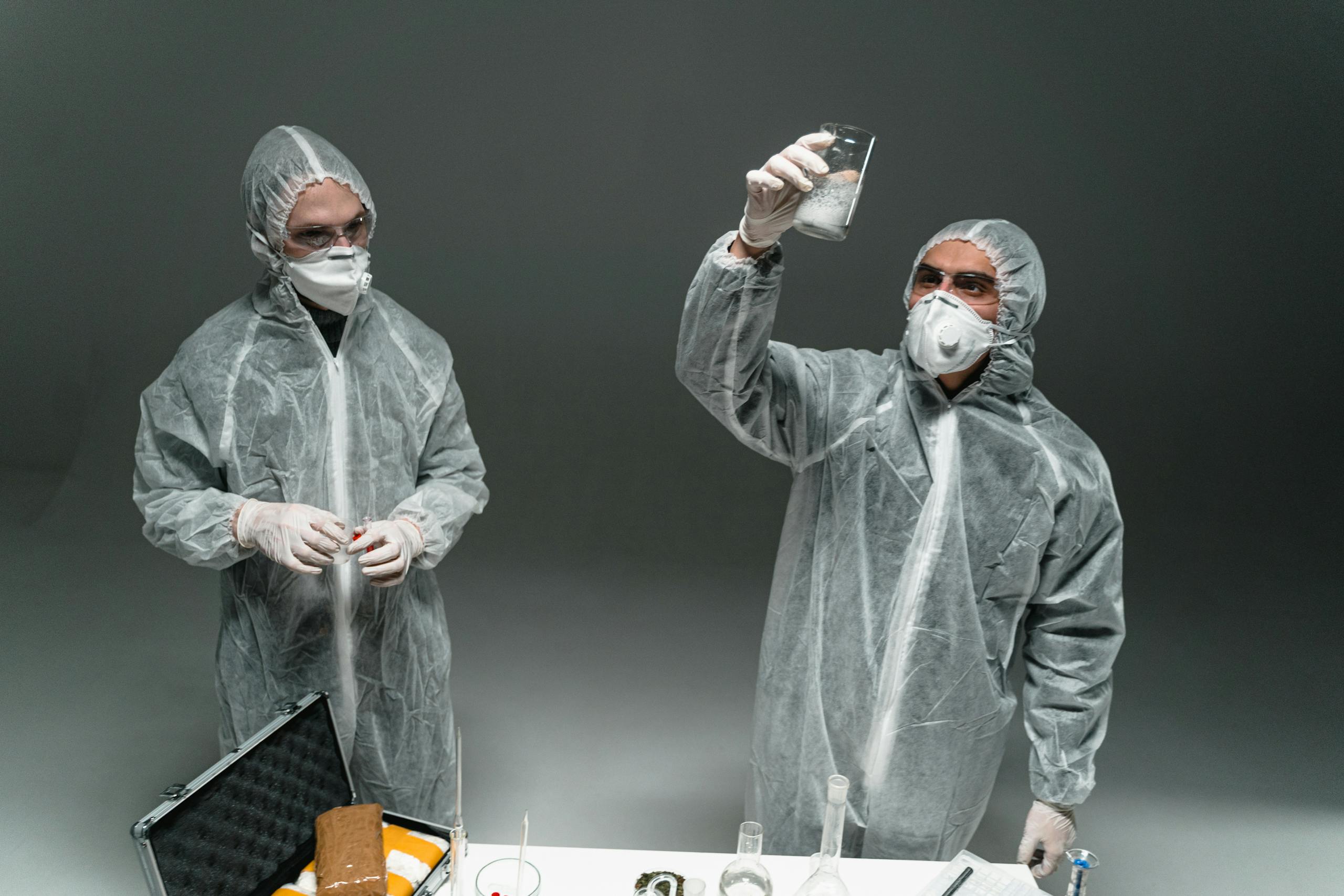 Two scientists in PPE conducting an experiment indoors with lab equipment.