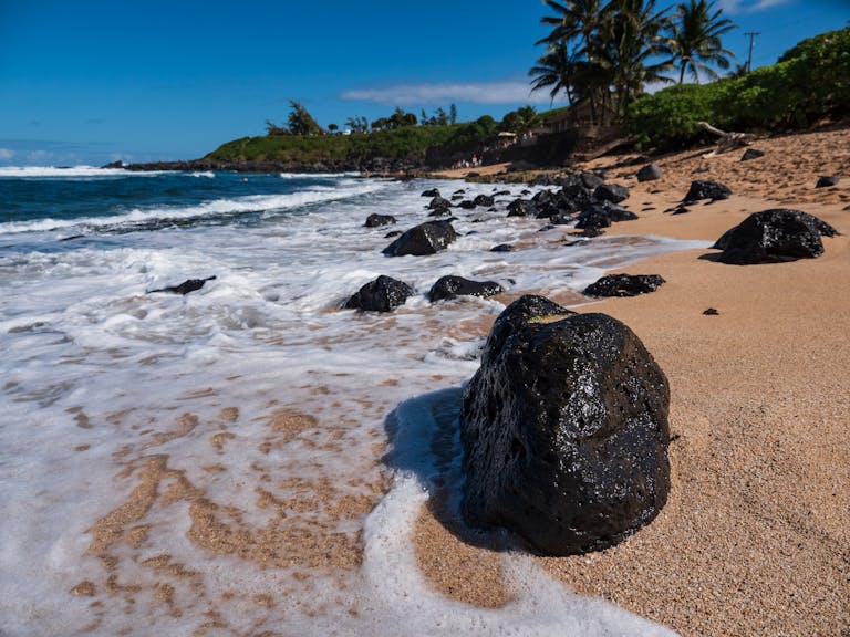 Discover the serene beauty of rocky shores and vibrant waves at Ho'okipa Beach, Maui.