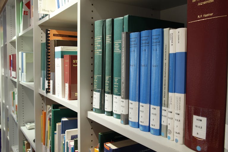 Neatly arranged bookshelves in a contemporary library setting for study and research.