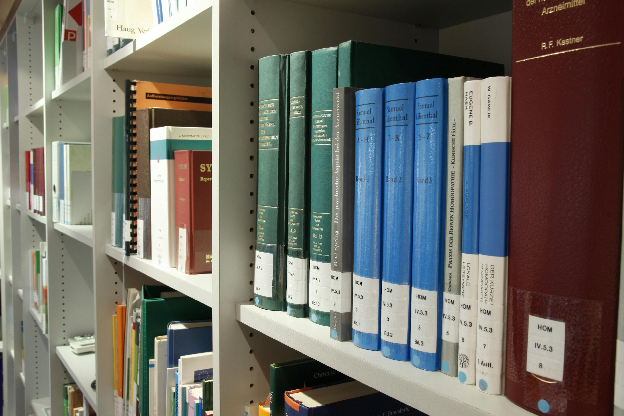 Neatly arranged bookshelves in a contemporary library setting for study and research.