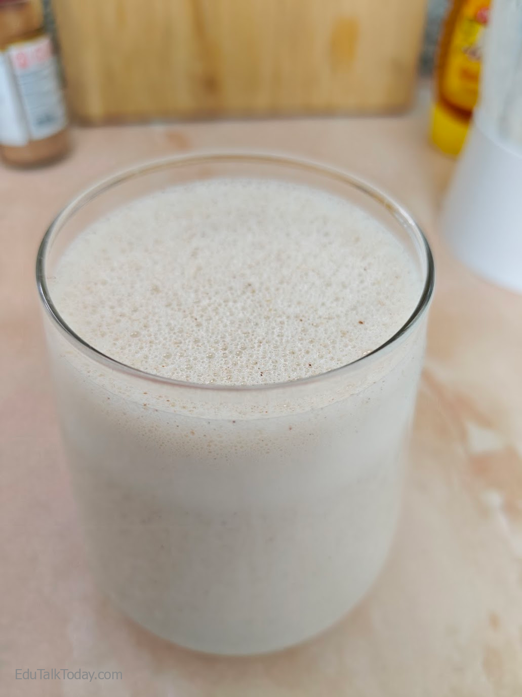 The oats tahini protein smoothie in a jar